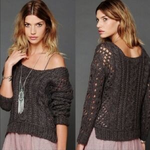 Free People Gray 'Frankie' Chunky Open Knit Cable Sweater Womens Small